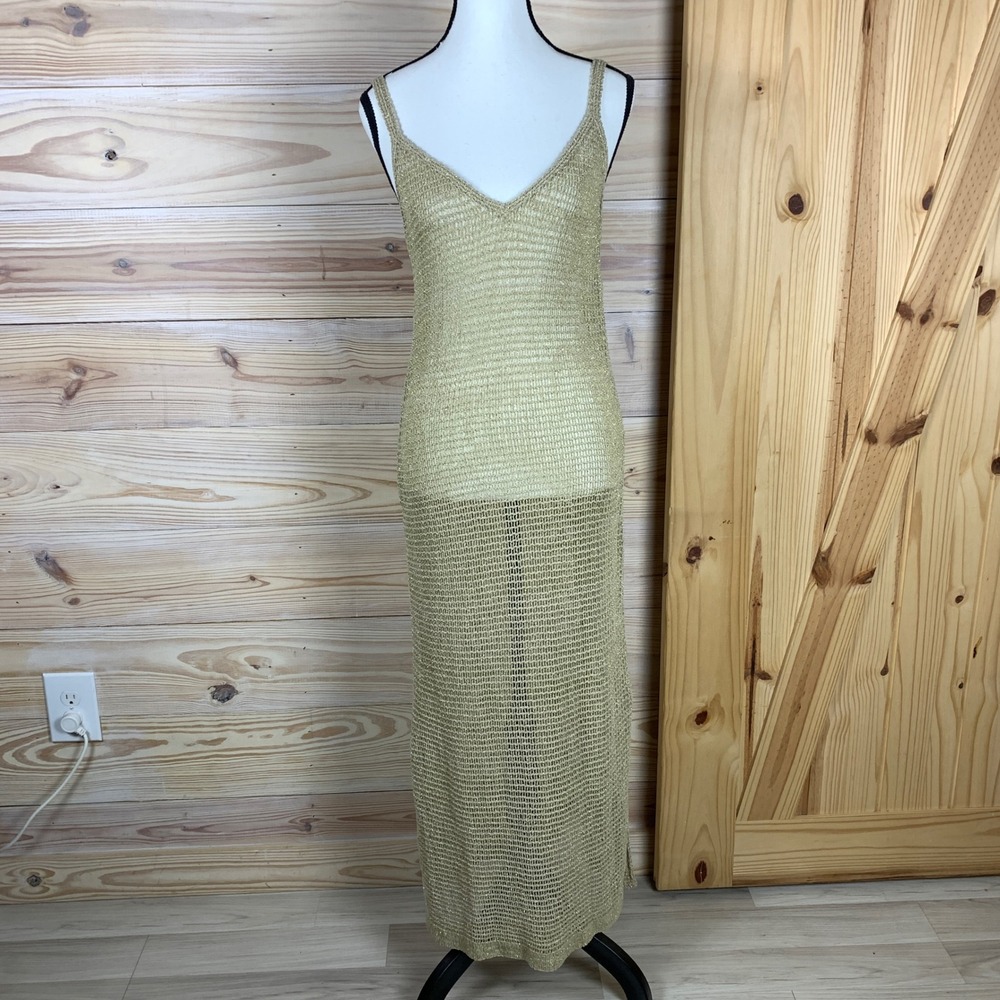 Ese O Ese Maxi Dress Women XS Gold Metallic Open Knit Bodycon Resort Party Y2K